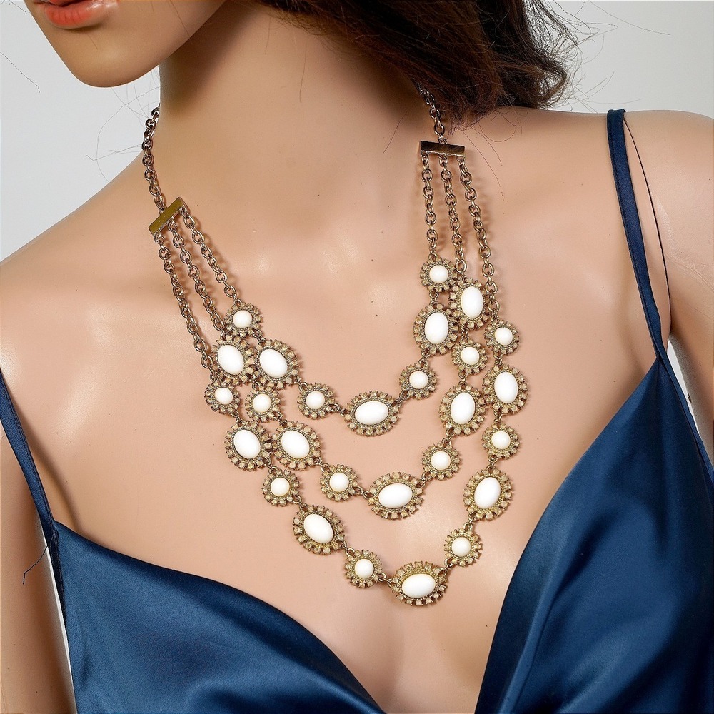 White Cabochon Gold Tone Triple Strand Statement Necklace Layered Sunburst Bib